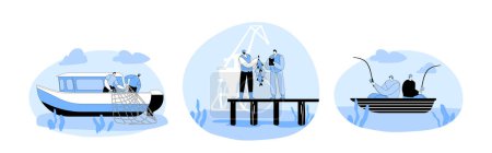 Illustration for Set Fishing Industry and Hobby. Professional Fishermen Working in Fishery on Large Ship, Catching Fish with Rods in Boat, Pull Fishing Net from Sea, People Catch Haul. Cartoon Vector Illustration - Royalty Free Image