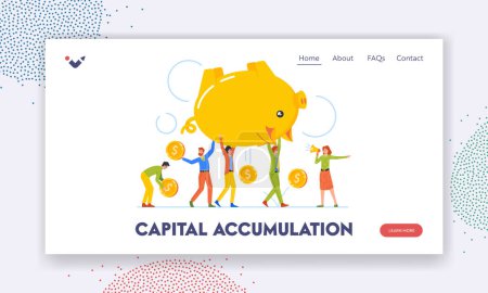 Illustration for Capital Accumulation Landing Page Template. Tiny Men And Women Carry Huge Piggy Bank With Coins Falling Down. Concept Of Money Loss, Improper Distribution Of Funds. Cartoon People Vector Illustration - Royalty Free Image