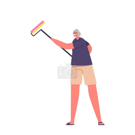 Illustration for Senior Female Character with Painting Roll Isolated on White Background. Old Grey Haired Woman Doing Renovation Works, Painting Wall. Cartoon People Vector Illustration - Royalty Free Image