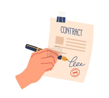 Illustration for Hand Signing Contract with Pen, Human Character Palm Put Signature on Paper Document with Seal Stamp Isolated on White Background. Agreement, Business Deal Concept. Cartoon People Vector Illustration - Royalty Free Image