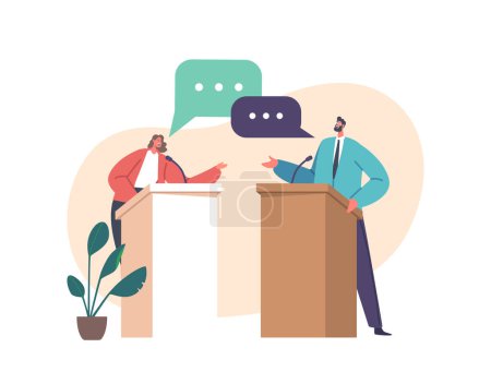 Illustration for Debate Before Vote Concept with Male Female Leaders Of Opposing Political Parties Talking On Public Debates. Two Politician Characters Debate On Rostrum, Gender Equality. Cartoon Vector Illustration - Royalty Free Image