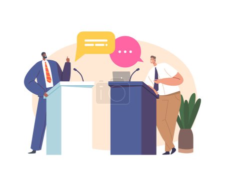 Illustration for Concept Of Political Debate, Election With Two Candidates Behind Their Desks Fighting For Leadership. Caucasian and African Characters Conquering Power on Tribunes. Cartoon People Vector Illustration - Royalty Free Image