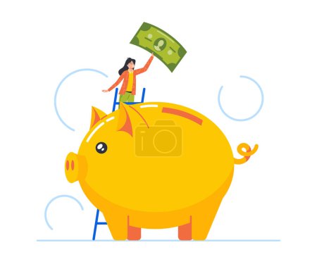 Illustration for Tiny Female Character Put Money into Huge Piggy Bank. Concept of Deposit, Finance Savings, Banking, Investment or Budget Planning. Woman on Ladder Holding Bill. Cartoon People Vector Illustration - Royalty Free Image