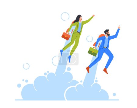 Illustration for Career Boost, Start Up Concept with Couple of Business Man or Woman Characters Flying Off with Jet Pack. Office Workers Fly Up by Rocket on Back Take Off the Ground. Cartoon People Vector Illustration - Royalty Free Image