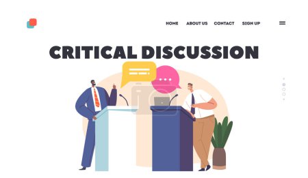 Illustration for Critical Discussion Landing Page Template. Political Debate With Candidates Behind Their Desks Fighting For Leadership. Caucasian and African Characters on Tribunes. Cartoon People Vector Illustration - Royalty Free Image