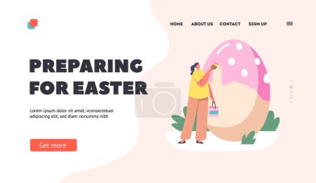 Illustration for Happy Woman Preparing for Easter Landing Page Template. Spring Holiday Celebration. Tiny Female Character with Bucket and Paintbrush Decorate and Painting Huge Easter Egg. Cartoon Vector Illustration - Royalty Free Image