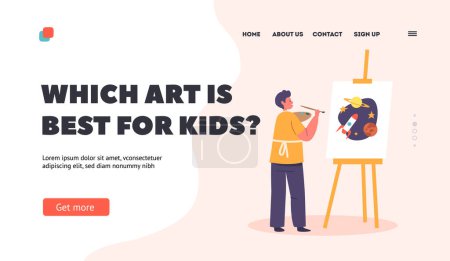 Illustration for Art School Workshop for Kids Landing Page Template. Child Painting Space and Rocket On Easel. Little Boy Character Drawing In Artist Studio Create Picture On Canvas. Cartoon People Vector Illustration - Royalty Free Image