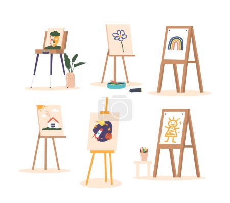 Illustration for Set of Canvas on Easels with Kids Drawing Flower, Space, Rainbow, House, Portrait and Human Isolated on White Background. Art Studio, School or Workshop Equipment. Cartoon Vector Illustration - Royalty Free Image