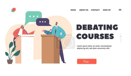 Illustration for Debating Courses Landing Page Template. Male Female Leaders Of Opposing Political Parties Debate Talking. Two Politician Characters Debate On Rostrum, Gender Equality. Cartoon Vector Illustration - Royalty Free Image