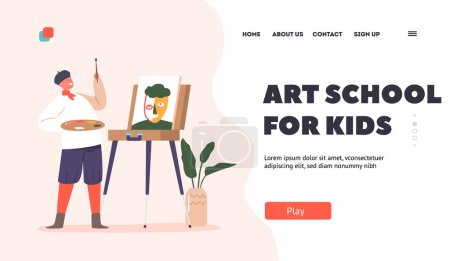 Illustration for Art School for Kids Landing Page Template. Child in Artist Cap Stand with Palette and Bush front of Easel Painting Portrait. Little Boy Character Drawing In Studio. Cartoon People Vector Illustration - Royalty Free Image