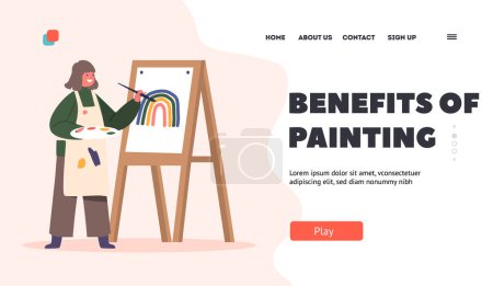 Illustration for Artist Studio for Kids Landing Page Template. Little Girl Painting Rainbow with Paints on Easel. Child Character Drawing In Art School Workshop Create Pictures. Cartoon People Vector Illustration - Royalty Free Image