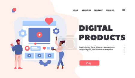 Illustration for Digital Product Landing Page Template. Web Designers Working On Website Or Application Interface. Characters Develop Ux Design for Mobile Application in Web Studio. Cartoon People Vector Illustration - Royalty Free Image