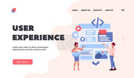 Illustration for User Experience Landing Page Template. Ui Ux Designer Characters Working On Website Or Application Wireframe Create Design And Programming Mobile App Prototyping. Cartoon People Vector Illustration - Royalty Free Image