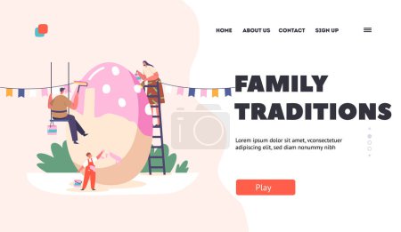 Family Traditions Landing Page Template. Tiny Mother, Father and Little Boy Painting Huge Egg for Spring Holiday. Happy Mom, Dad and Kid Prepare for Easter Celebration. Cartoon Vector Illustration
