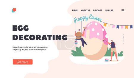 Illustration for Egg Decorating Landing Page Template. Man and Woman Painting for Easter Holiday Celebration. Tiny Characters Spend Time Together Decorate Huge Egg with Dye and Roll. Cartoon People Vector Illustration - Royalty Free Image