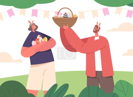 Illustration for Happy Family Easter Holiday Celebration. Young Couple Holding Basket with Painted Eggs at Green Field Decorated with Flag Garlands on Spring Time Landscape. Cartoon People Vector Illustration - Royalty Free Image