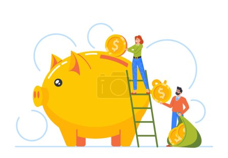 Illustration for Tiny Man and Woman Characters Standing on Ladder Throw Golden Coins into Huge Piggy Bank. Concept of Money Deposit, Finance Savings, Banking, Investment or Budget. Cartoon People Vector Illustration - Royalty Free Image