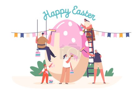 Illustration for Happy Family Prepare for Easter Celebration. Tiny Parents, Granny and Children Girl and Boy Painting Huge Egg. People Spend Spring Holidays Time Together. Cartoon Vector Illustration - Royalty Free Image