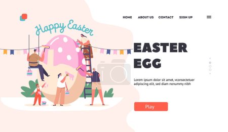 Illustration for Easter Egg Landing Page Template. Happy Family Prepare for Easter Celebration. Tiny Parents, Granny and Children Painting Huge Egg. People Spend Holidays Time Together. Cartoon Vector Illustration - Royalty Free Image