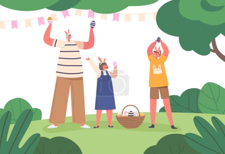 Illustration for Happy Family Easter Celebration. Granny with Children Girl and Boy Wear Rabbit Ears Holding Painted Eggs. People with Basket Full of Decorated Eggs on Green Field. Cartoon Vector Illustration - Royalty Free Image