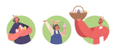Illustration for Man, Woman and Baby Holding Painted Eggs Isolated Round Icons or Avatars. Happy Family Prepare for Easter Holiday Celebration. Mother, Father and Little Child Cartoon People Vector Illustration - Royalty Free Image