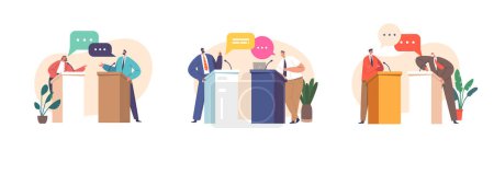 Illustration for Set Political Debate, Concept With Two Candidates Speaking Behind the Desks, Fighting For Leadership And Conquering Power, Characters Calling To Vote For Them. Cartoon People Vector Illustration - Royalty Free Image