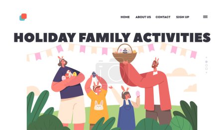 Illustration for Holidays Family Activities Landing Page Template. Happy Easter Celebration. Dad, Mom and Children Wear Rabbit Ears Hold Basket with Painted Eggs at Decorated Field. Cartoon People Vector Illustration - Royalty Free Image