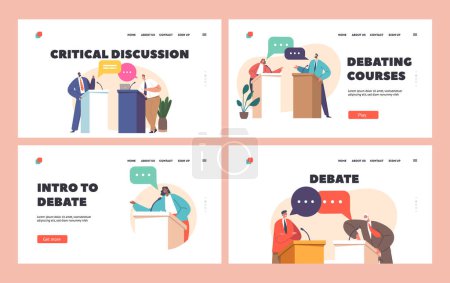 Illustration for Political Debate Landing Page Template Set. Candidates Speaking Behind the Desks, Fighting For Leadership And Conquering Power, Characters Calling To Vote For Them. Cartoon People Vector Illustration - Royalty Free Image