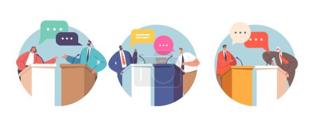 Illustration for Political Debate Isolated Round Icons or Avatars. Candidates Speaking Behind the Desks Fight For Leadership or Conquering Power, Characters Calling To Vote For Them. Cartoon People Vector Illustration - Royalty Free Image