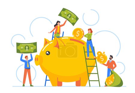 Illustration for Tiny Characters Put Money into Huge Piggy Bank. Concept of Deposit, Finance Savings, Banking, Investment or Budget Planning. Men and Women Holding Coins and Bills. Cartoon People Vector Illustration - Royalty Free Image