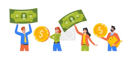 Illustration for People with Money Isolated on White Background. Tiny Male and Female Characters Holding Huge Coins, Dollar Banknotes and Piggy Bank. Finance, Banking, Savings Concept. Cartoon Vector Illustration - Royalty Free Image