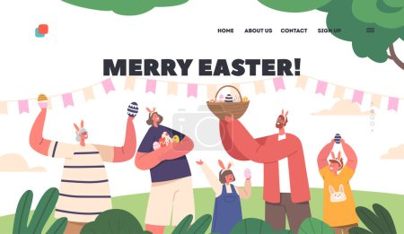 Illustration for Happy Family Celebrate Merry Easter Landing Page Template. Parents, Granny and Children Wear Rabbit Ears Holding Baskets with Painted Eggs at Green Spring Field. Cartoon People Vector Illustration - Royalty Free Image