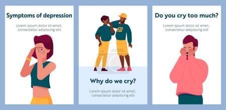Illustration for Symptoms of Depression Cartoon Banners. Depressed Crying People Sad Male and Female Characters Feel Negative Emotions, Upset Men and Women with Tears Pouring Down. Vector Illustration, Posters - Royalty Free Image