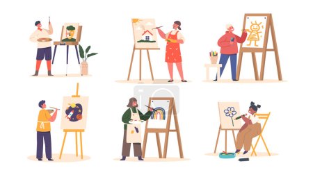 Illustration for Set Children Painting on Easel. Little Boys and Girls Characters Drawing in Artist Studio or Art School Workshop Create Pictures with Dye and Paintbrush on Canvas. Cartoon People Vector Illustration - Royalty Free Image
