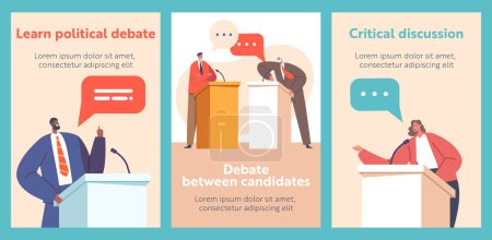 Illustration for Political Debate Cartoon Banners With Candidates Speaking Behind the Desks, Fighting For Leadership And Conquering Power, Characters Calling To Vote For Them. Vector Illustration, Posters - Royalty Free Image