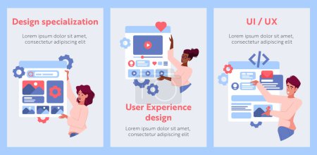 Illustration for Ui Ux Designer Characters Develop Website Interface Cartoon Banners. Creating Content Layout With Visual Elements. Tiny People Making Landing Page for App. Vector Illustration, Posters - Royalty Free Image