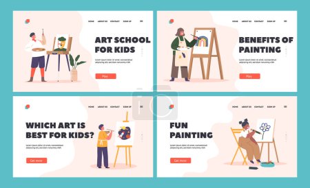 Illustration for Children Painting Landing Page Template Set. Little Boys or Girls Characters Drawing in Artist Studio or Art School Workshop Create Pictures with Dye and Paintbrush. Cartoon People Vector Illustration - Royalty Free Image
