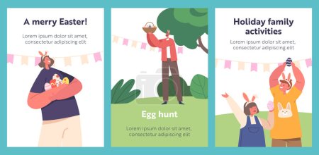 Illustration for Happy Family Celebrate Merry Easter Cartoon Banners. Parents, Granny and Children Girl and Boy Wear Rabbit Ears Holding Baskets with Painted Eggs at Green Field, Spring Holidays. Vector Posters - Royalty Free Image