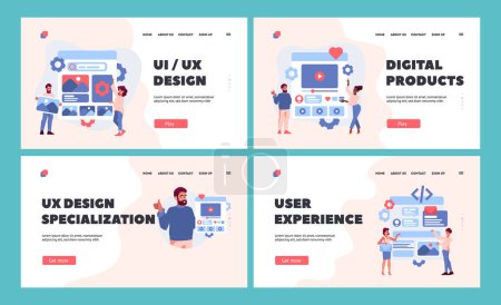 Illustration for Digital Products Landing Page Template Set. Ui Ux Designer Characters Develop Website Interface, Creating Content Layout With Visual Elements. People Making Application. Cartoon Vector Illustration - Royalty Free Image
