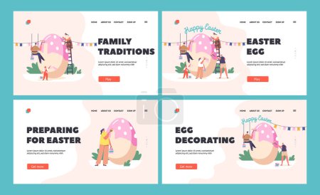 Illustration for Easter Egg Landing Page Template Set. Happy Family Prepare for Easter Celebration. Tiny Parents, Granny and Children Painting Huge Egg. People Spend Holidays Time Together. Cartoon Vector Illustration - Royalty Free Image