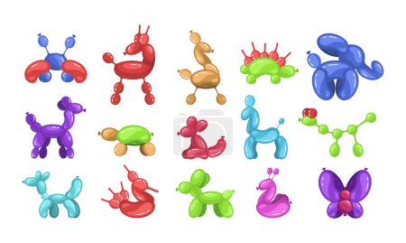 Illustration for Set of Balloon Animals Elephant, Frog, Crab and Butterfly. Giraffe, Duck, Mouse and Horse with Dog. Birthday Party Child Decoration Isolated on White Background. Cartoon Vector Illustration, Icons - Royalty Free Image