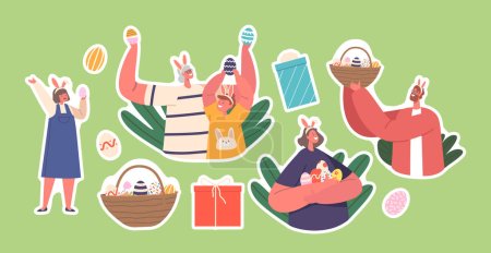 Illustration for Set of Stickers Happy Family Prepare for Easter Celebration. Parents, Grandparent and Children Wear Rabbit Ears with Painted Eggs. People Spend Spring Holidays Time Together. Cartoon Vector Patches - Royalty Free Image