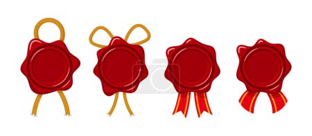 Illustration for Set Of Waxing Seal Stamps, Round Shaped Retro Wax Labels, Red Certificate, Document, Letter, Envelope Protection And Certification Guarantee with Ribbons and Ropes. Cartoon Vector Illustration - Royalty Free Image