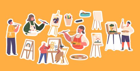 Illustration for Set of Stickers Children Painting on Easel. Little Boys and Girls Characters Drawing in Artist Studio or Art School Workshop Create Pictures with Dye and Paintbrush on Canvas. Cartoon Vector Patches - Royalty Free Image