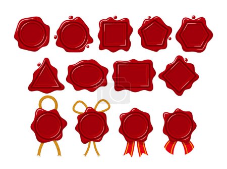 Illustration for Set Of Waxing Seal Stamps of Different Shapes. Retro Labels, Red Certificate, Document, Letter, Envelope Protection And Certification Guarantee with Ribbons and Ropes. Cartoon Vector Illustration - Royalty Free Image