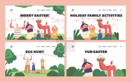 Happy Family Celebrate Merry Easter Landing Page Template Set. Eltern, Oma und Kinder tragen Hasenohren mit Körben mit bemalten Eiern auf der grünen Frühlingswiese. Cartoon People Vektor Illustration