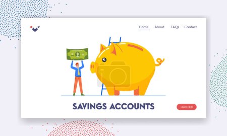 Illustration for Savings Accounts Landing Page Template. Tiny Man with Dollar Banknote at Huge Piggy Bank. Character Saving Money on Deposit, Finance, Banking, Investment or Budget. Cartoon People Vector Illustration - Royalty Free Image