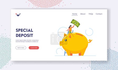 Illustration for Special Deposit Landing Page Template. Tiny Female Character Put Money into Huge Piggy Bank. Woman Making Finance Savings, Banking, Investment or Budget Planning. Cartoon People Vector Illustration - Royalty Free Image