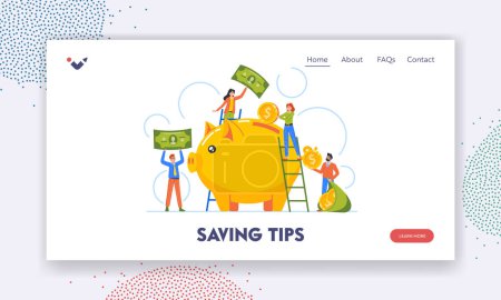 Illustration for Saving Tips Landing Page Template. Tiny Men and Women Characters Put Money into Huge Piggy Bank. Concept of Deposit, Finance, Banking, Investment or Budget Planning. Cartoon People Vector Illustration - Royalty Free Image
