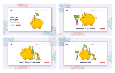 Illustration for Saving Tips Landing Page Template Set. Tiny Men and Women Characters Put Money into Huge Piggy Bank. Deposit, Finance, Banking, Investment, Budget Planning Concept. Cartoon People Vector Illustration - Royalty Free Image